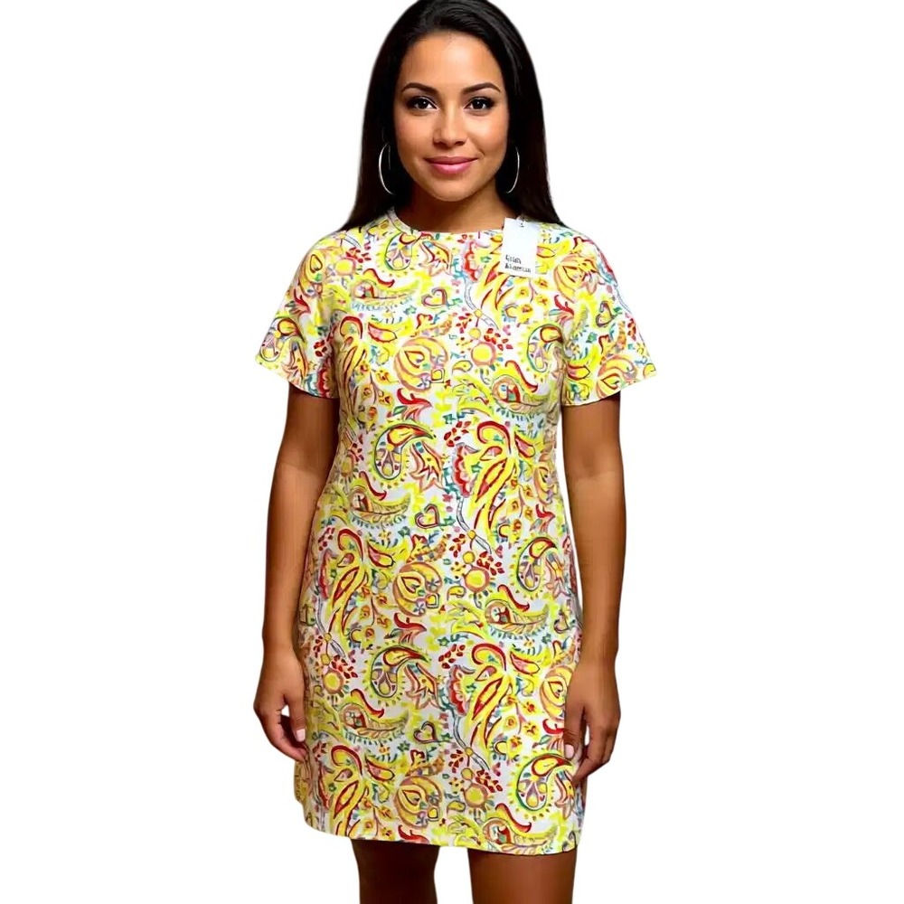Kim Rogers Womens Yellow Orange Paisley Cotton T-Shirt Dress Short Sleeve L NWT
